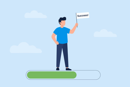 Successful man holding flag standing on completed green loading bar for business progress concept illustration