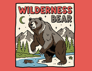 Wilderness bear mascot artwork design. Mountain nature adventure graphic print. Retro style t shirt print, poster, sticker, background.