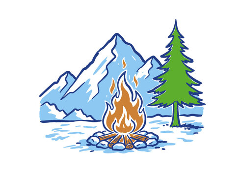 Mountain illustration, outdoor adventure for t-shirt and apparel design, typography, print, logo, poster Design. Campfire in snow graphic. Winter surv