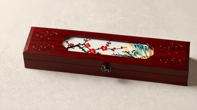 Elegant red Chinese wooden gift box with plum blossom and landscape fan