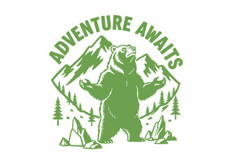 Fototapeta premium Bear illustration and mountain adventure poster design. Outdoor camping graphics typography. Adventure awaits artwork for t shirt print, poster, stick
