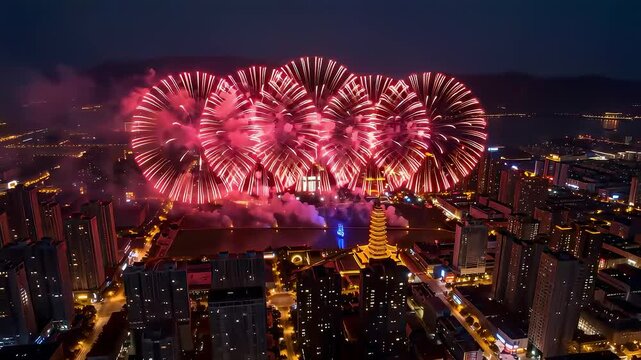 Festive Fireworks Display Over Modern City Skyline At Night