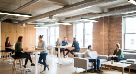 Obraz premium Blurred wide shot of a modern open-plan office, showcasing diverse professionals collaborating and interacting in a dynamic, contemporary workspace environment