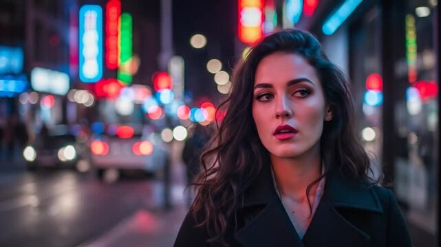 Pensive Young Woman Standing on City Street at Night with Copy Space