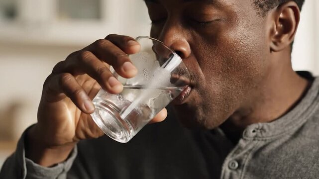 Man taking a pill with a glass of water in hand closeup