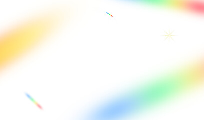 Colorful rainbow light leak and prismatic lens flare overlays with soft bokeh and star spark on transparent background for photography art