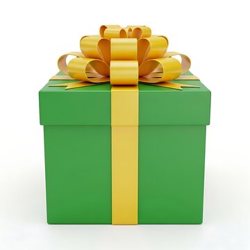 Elegant green gift box with yellow bow isolated on white background