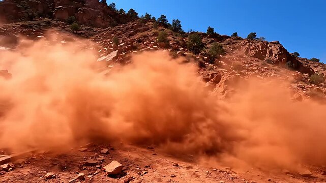 High-performance blue side-by-side utility terrain vehicle aggressively kicks up massive clouds of reddish-brown dust while speeding across a rugged, dry off-road trail under a clear blue sky.