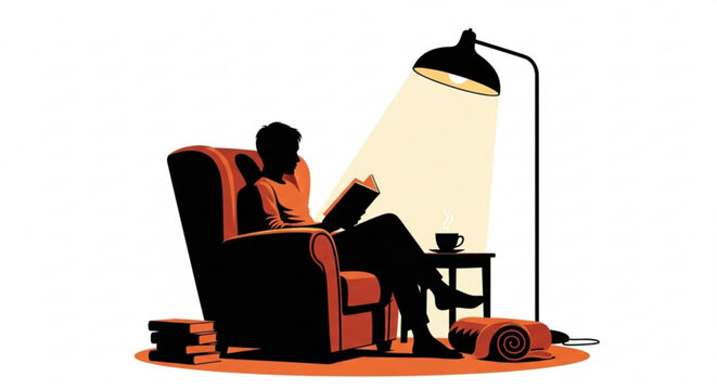 A person enjoying a quiet moment reading a book in a comfortable armchair under the warm glow of a reading lamp, surrounded by books and a rolled blanket