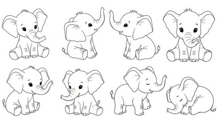 Naklejka premium Cute Baby Elephants Line Art Collection, Adorable Animal Illustrations