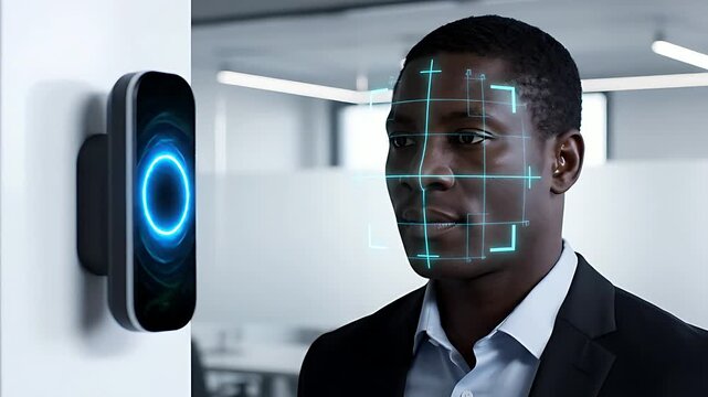 A professional man undergoes advanced facial recognition access control verification using a modern biometric security scanner mounted securely on a wall.