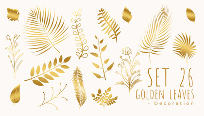 set of stylish tropical golden leaves greeting card template
