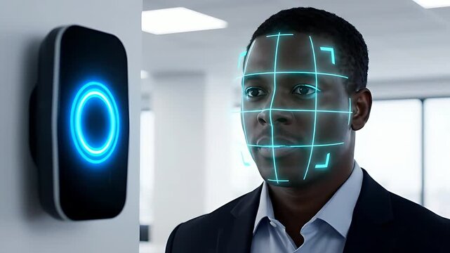 Professional african american businessman undergoes advanced facial recognition security scan using modern biometric access technology mounted near a brightly illuminated entry point