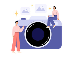 Photography concept. Photography workshop, processing workshop, photo portfolio creation. Male and female photographers take pictures on camera. World photography day. Flat vector illustration