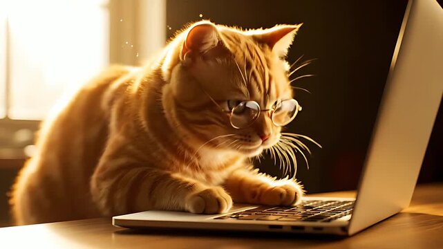Adorable ginger tabby kitten wearing tiny round spectacles intensely focuses on typing upon a modern laptop keyboard indoors with warm lighting