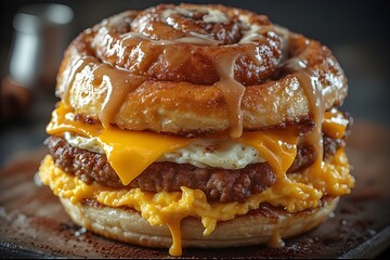 sausage and egg cinnamon roll breakfast sandwich with cheese