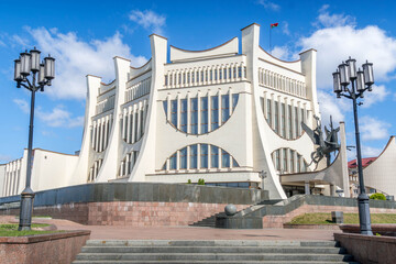 Grodno Regional Drama Theater on Neman River bank in Grodno, Belarus, Eastern European landmark.
