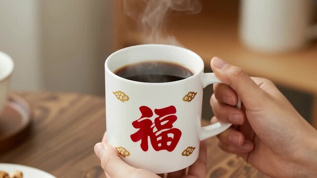 Hands holding a steaming mug with red Fu character and gold clouds