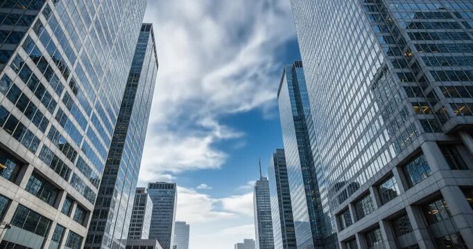 Modern glass skyscrapers frame blue urban sky.