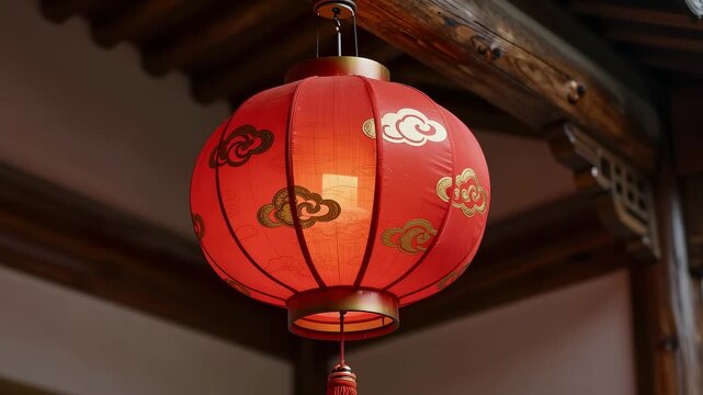 Red cloud lantern hanging under traditional eaves
