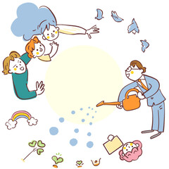 家族が大切に育てる光る芽にジョーロで水を注ぐ行政支援スタッフ、ハートとキラキラが溢れる子育て支援と公助のメタファーイラスト - 未来の芽吹きシリーズ © gogondayo