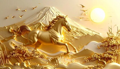 厳冬の朝、太陽の光に包まれた鶴と富士山と馬