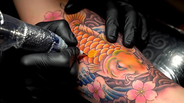Expert tattoo artist meticulously applies vibrant orange and yellow ink to a large koi fish design featuring delicate pink cherry blossoms on human skin.