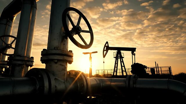 Silhouetted industrial oil and gas pipeline infrastructure featuring large control valves and a prominent pumpjack operating against a dramatic sunset sky.
