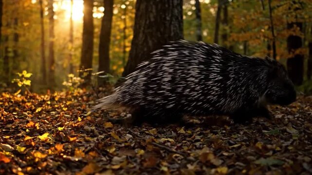 North American Porcupine Foraging in a Sunlit Autumn Forest, Showcasing its Quilled Defense Amidst Vibrant Fall Foliage at Golden Hour