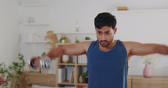 Strong man performing dumbbell exercise in modern living room, symbolizing discipline, bodybuilding, endurance training, and healthy lifestyle.