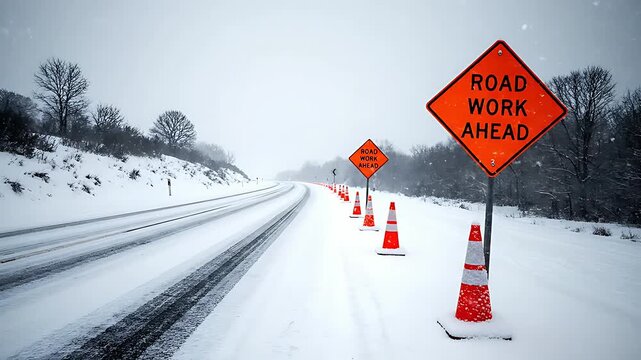 Bright orange diamond-shaped road work ahead warning signs delineate a snow-covered highway lane closure during heavy winter weather conditions impacting travel.