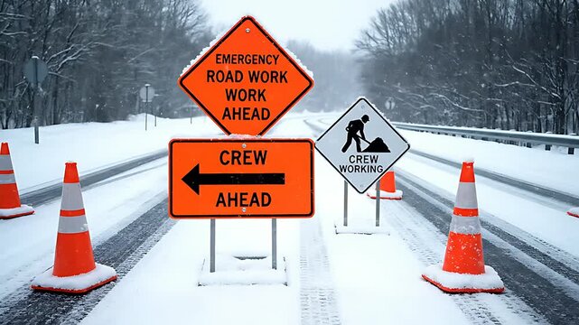 Striking orange and white traffic control cones line a snowy highway lane clearly marked with urgent emergency road work and crew ahead warning signage.