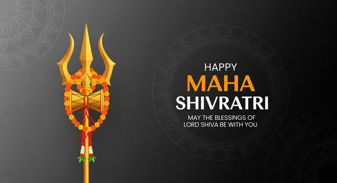 Greeting card with trishula (trident) and rudraksha (beads) for Maha Shivratri, a Hindu festival celebrated of Lord Shiva. Vector illustration.