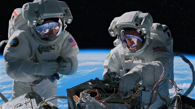 two astronauts repair equipment above earth in tethered extravehicular activity - focused teamwork - precision tool handling - reflective helmet visors - blue planet backdrop - serene blackness