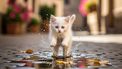Kitten playing in puddle