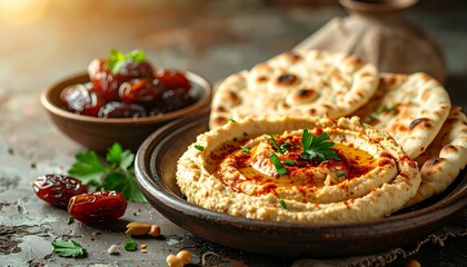 Middle Eastern Ramadan Food Featuring Fresh Hummus with Olive Oil Flatbread and Dates on a Rustic Plate