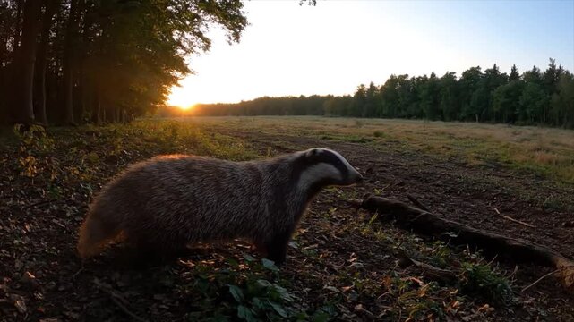 Majestic European badger exploring the tranquil forest edge during a vibrant golden hour sunset, showcasing beautiful nocturnal wildlife in its natural habitat