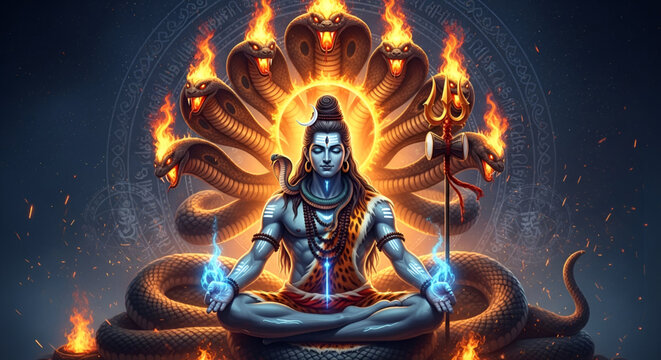 Maha shivratri shiva cosmic meditation form with naga fire energy power devotion hindu spirituality mythology culture divine art