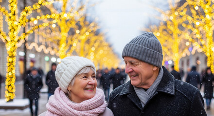 Elderly couple enjoys winter day in city filled with holiday spirit and lights