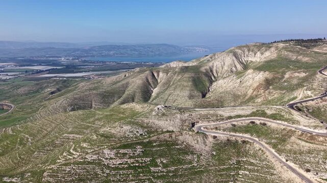 Wide aerial view of the mountainous landscape of the Golan Heights , Israel.