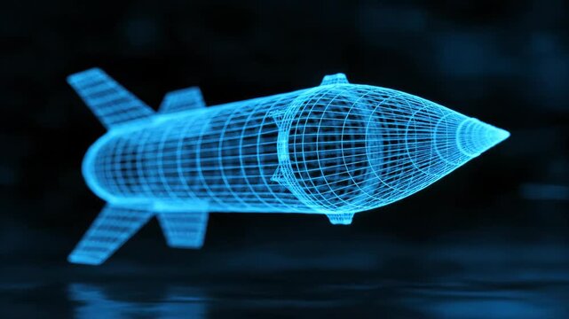 Futuristic Missile Wireframe Design - A digital representation of a missile is presented, video in a striking blue wireframe style. This futuristic design is set against an abstract, dark background.