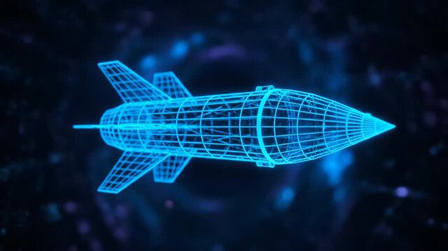 Futuristic Wireframe Missile Design - A futuristic design of a missile is presented in a wireframe style, glowing with blue lines against a dark background.
