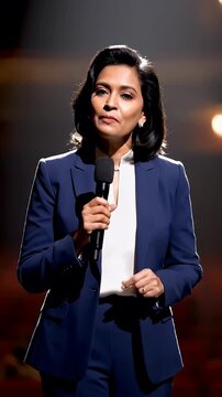 Confident female speaker presenting on stage with microphone