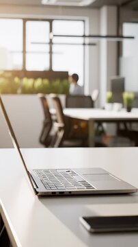 Open laptop on desk in modern sunlit office environment