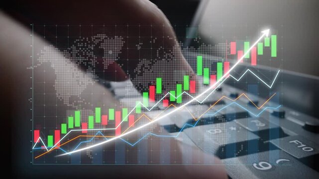 A detailed representation of financial market analysis with stock charts displayed on a keyboard, illustrating trading trends and data visualization in a digital setting. Copula