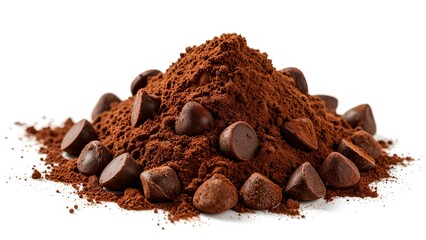 A mound of cocoa powder surrounded by chocolate chips, showcasing rich textures and colors, ideal for baking and desserts.
