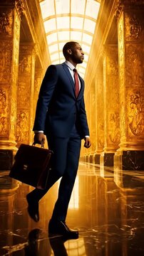 Confident businessman walking in luxurious golden hallway with briefcase
