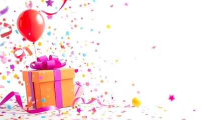 A vibrant gift box with a pink bow and balloon surrounded by colorful confetti and ribbons