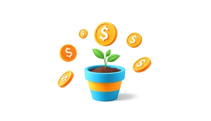 A small plant grows in a pot with money coins floating around it, symbolizing financial growth and investment.