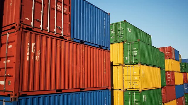 Stacked intermodal shipping containers in vivid primary and secondary colors dominate the bright outdoor industrial storage yard under a clear blue sky